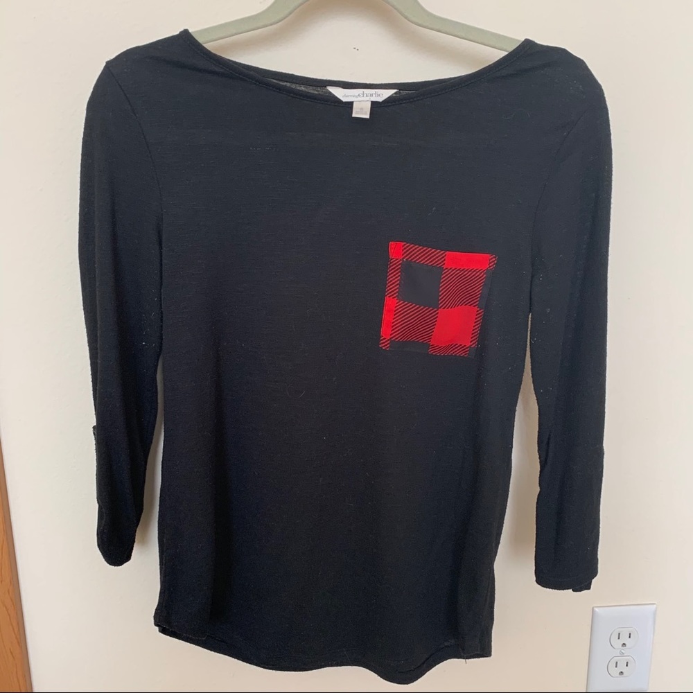 Charming Charlie Black Top w/ Buffalo Plaid Pocket